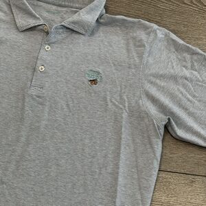 B Draddy Sport Polo Shirt Mens Large Blue Stripe Golf Performance Stretch Preppy